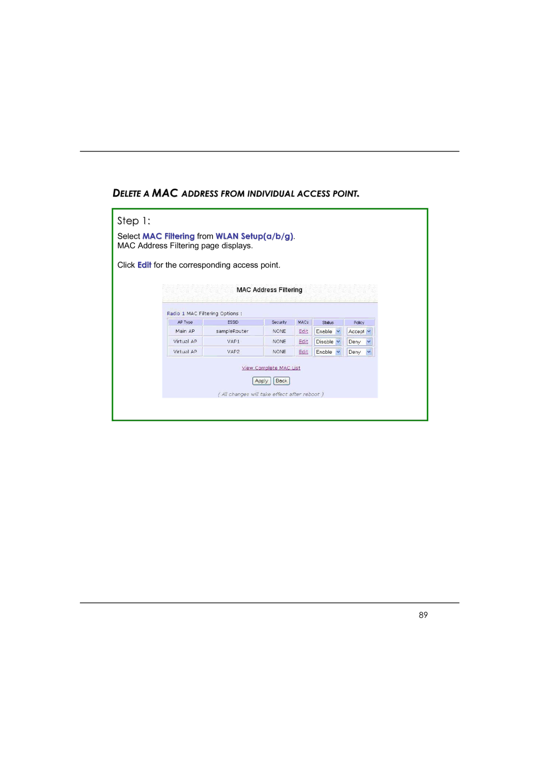 DeWalt WP54AG manual Delete a MAC Address from Individual Access Point 