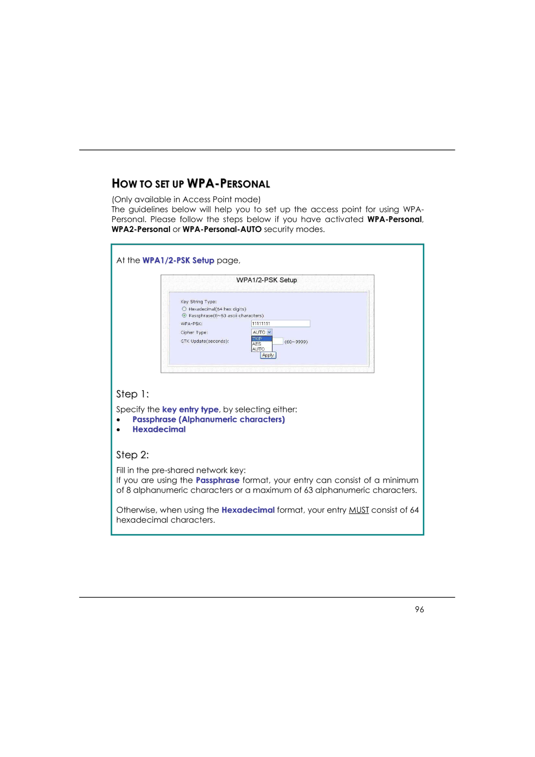 DeWalt WP54AG manual HOW to SET UP WPA-PERSONAL, At the WPA1/2-PSK Setup, Passphrase Alphanumeric characters Hexadecimal 