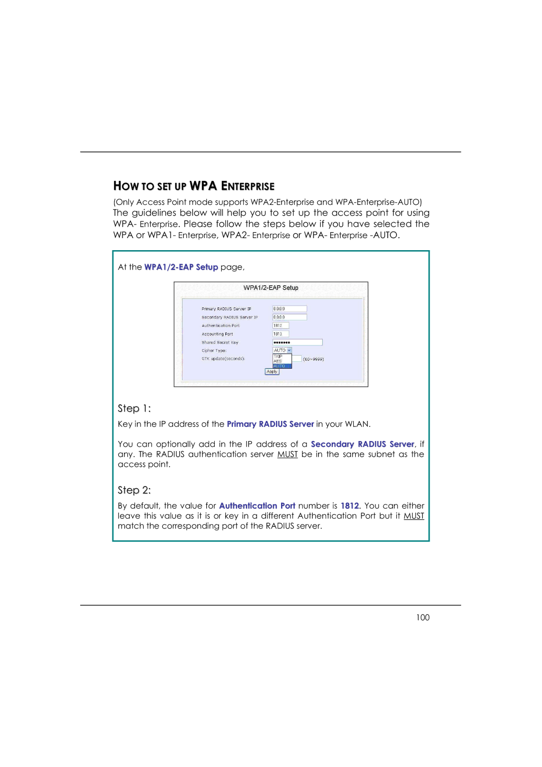 DeWalt WP54AG manual HOW to SET UP WPA Enterprise, At the WPA1/2-EAP Setup 