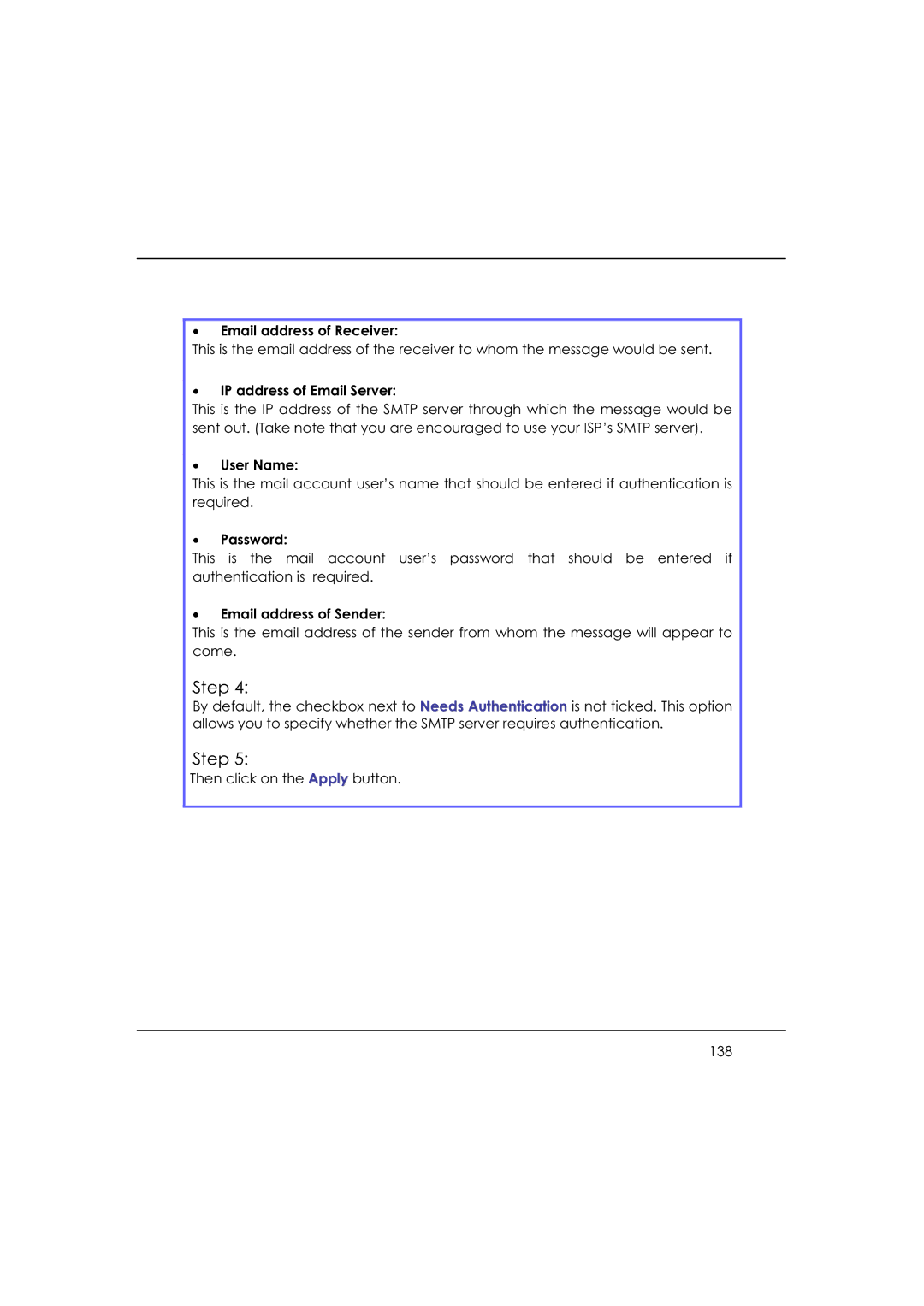 DeWalt WP54AG manual Email address of Receiver, IP address of Email Server, User Name, Password, Email address of Sender 