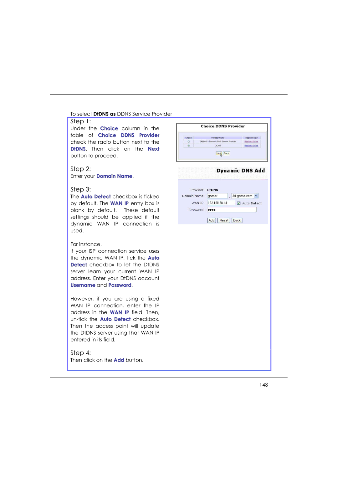 DeWalt WP54AG manual To select DtDNS as Ddns Service Provider 