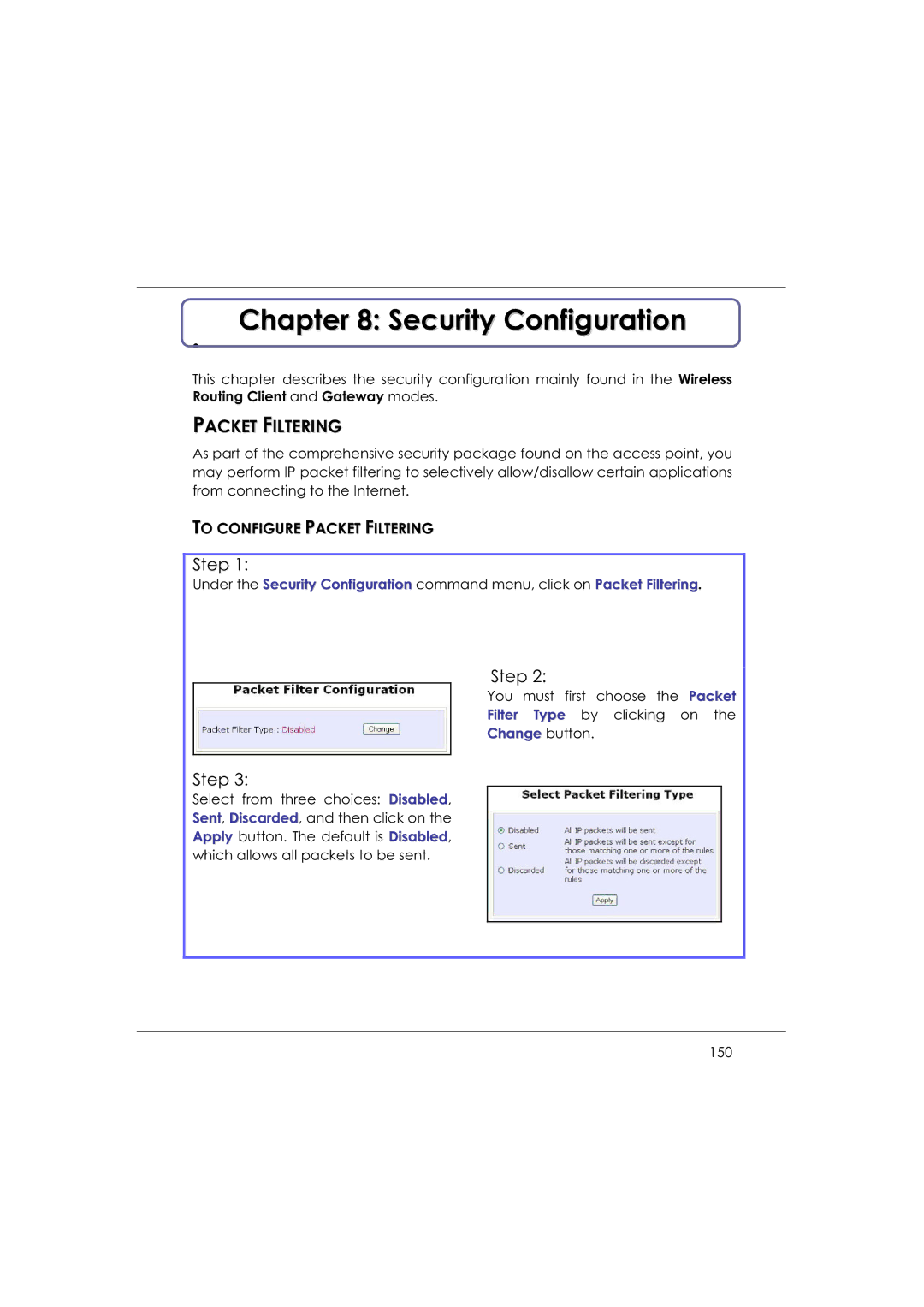 DeWalt WP54AG manual Security Configuration, To Configure Packet Filtering, Change button 