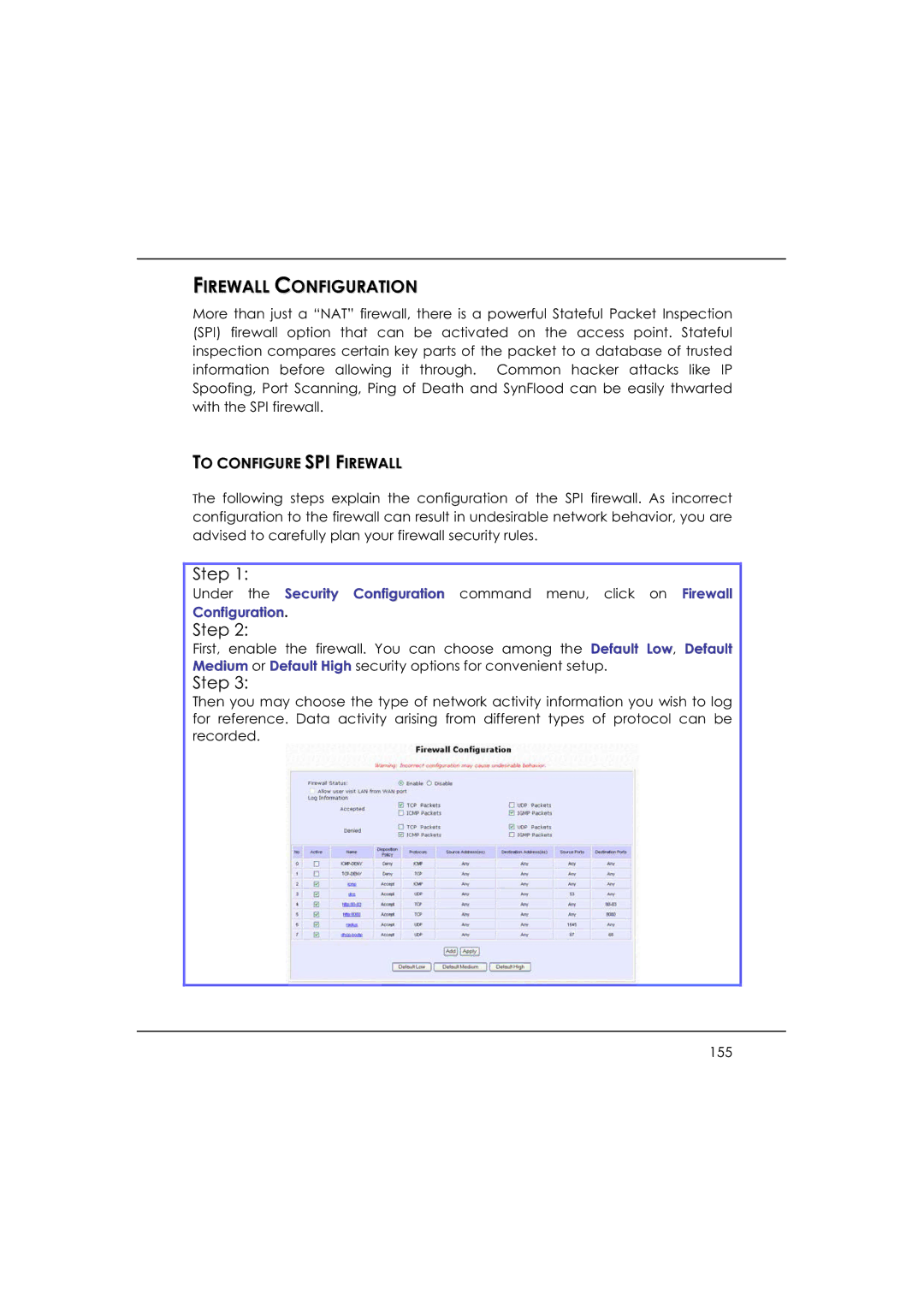 DeWalt WP54AG manual Firewall Configuration, To Configure SPI Firewall 