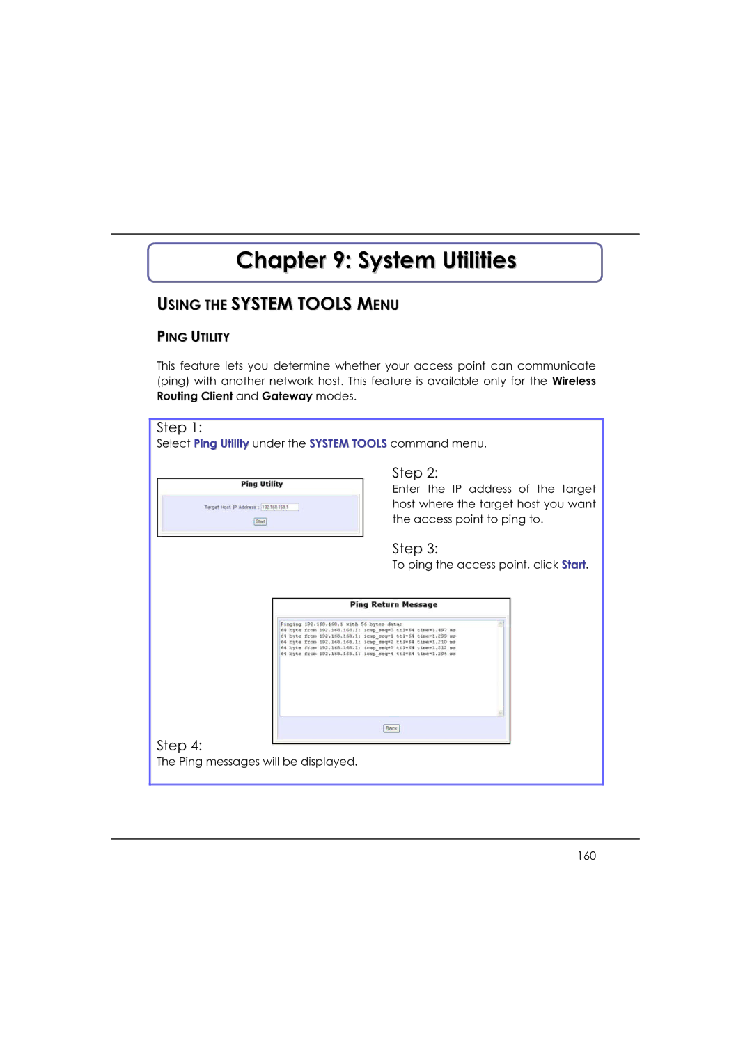 DeWalt WP54AG manual System Utilities, Ping Utility 