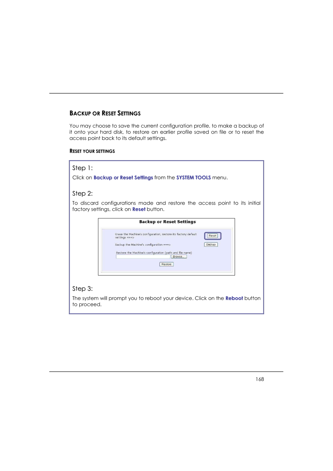 DeWalt WP54AG manual Click on Backup or Reset Settings from the System Tools menu 