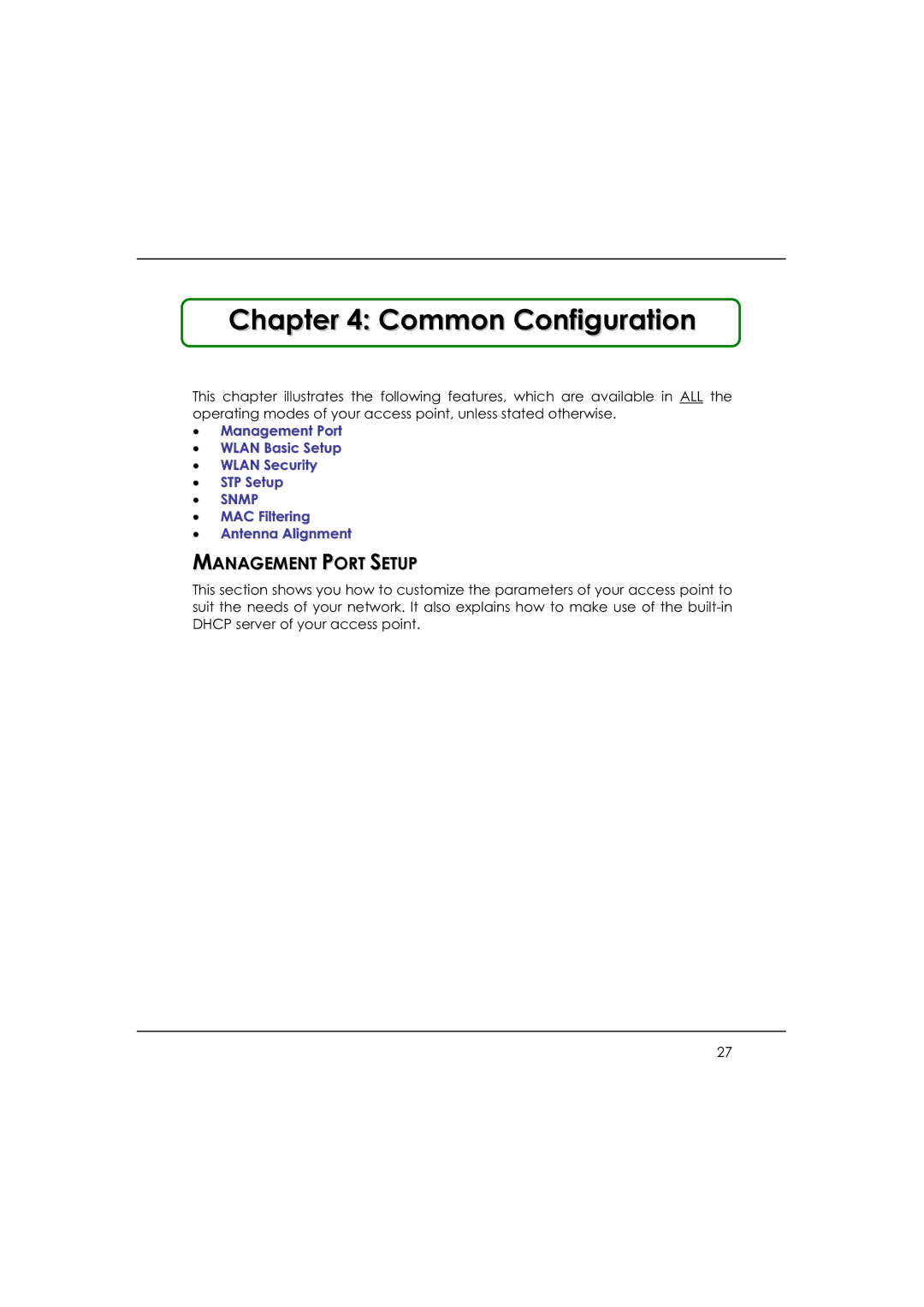 DeWalt WP54AG manual Common Configuration, Management Port Setup, Management Port Wlan Basic Setup Wlan Security STP Setup 