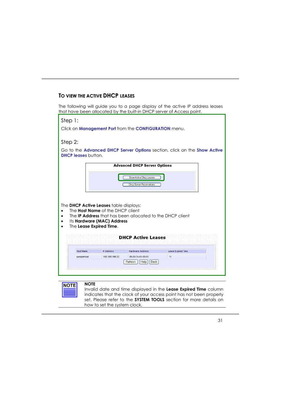 DeWalt WP54AG manual To View the Active Dhcp Leases, Its Hardware MAC Address Lease Expired Time 