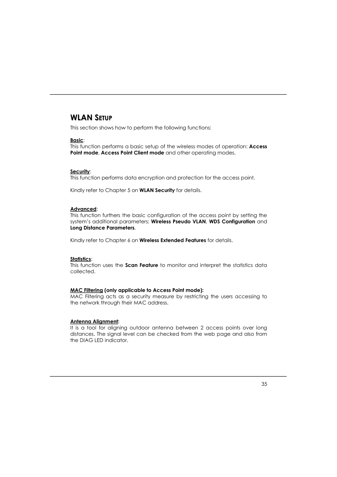 DeWalt WP54AG Basic, Security, Advanced, Statistics, MAC Filtering only applicable to Access Point mode, Antenna Alignment 