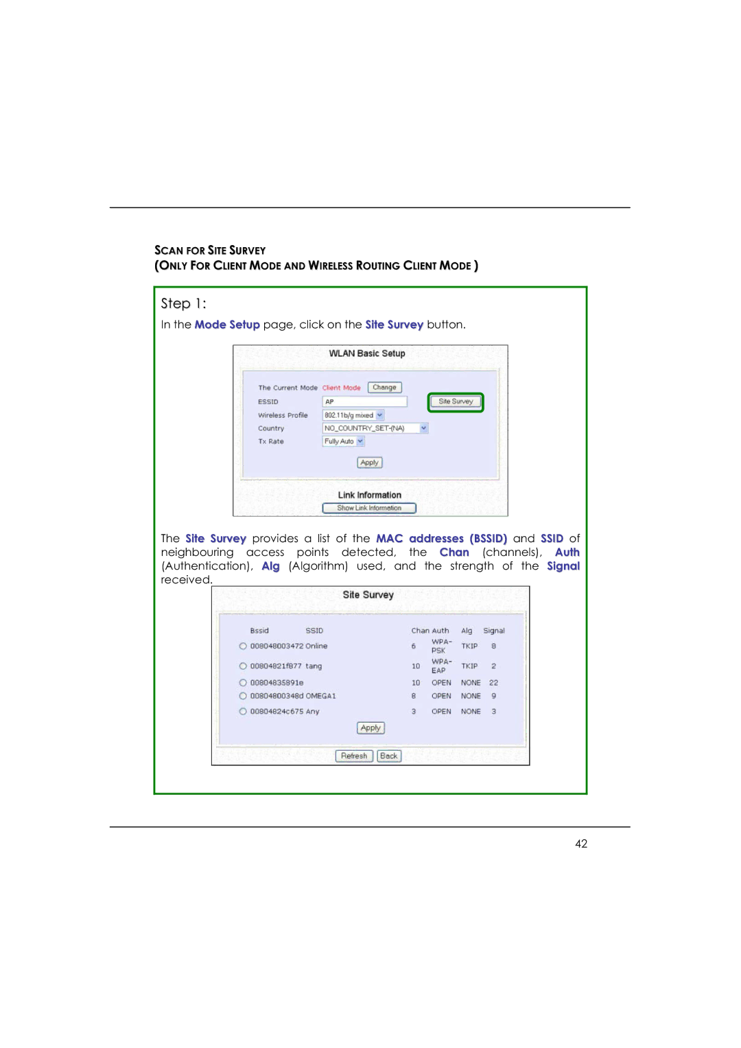 DeWalt WP54AG manual Mode Setup page, click on the Site Survey button 