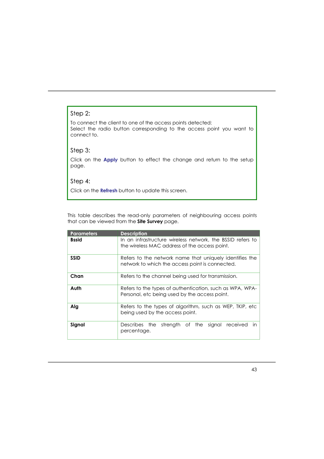 DeWalt WP54AG manual Bssid, Chan, Auth, Alg, Signal 