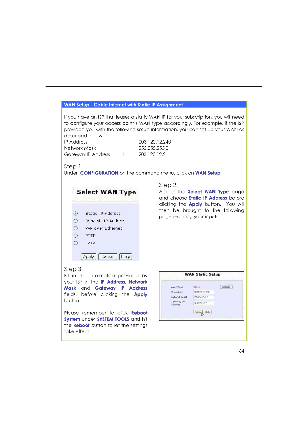 DeWalt WP54AG manual WAN Setup Cable Internet with Static IP Assignment 