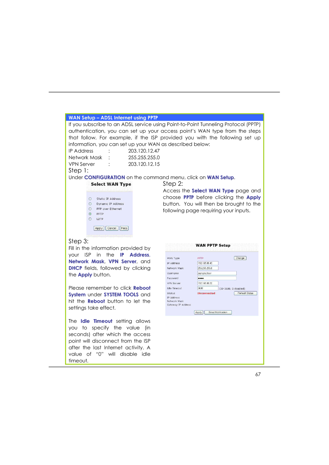 DeWalt WP54AG manual WAN Setup Adsl Internet using Pptp, Network Mask, VPN Server 