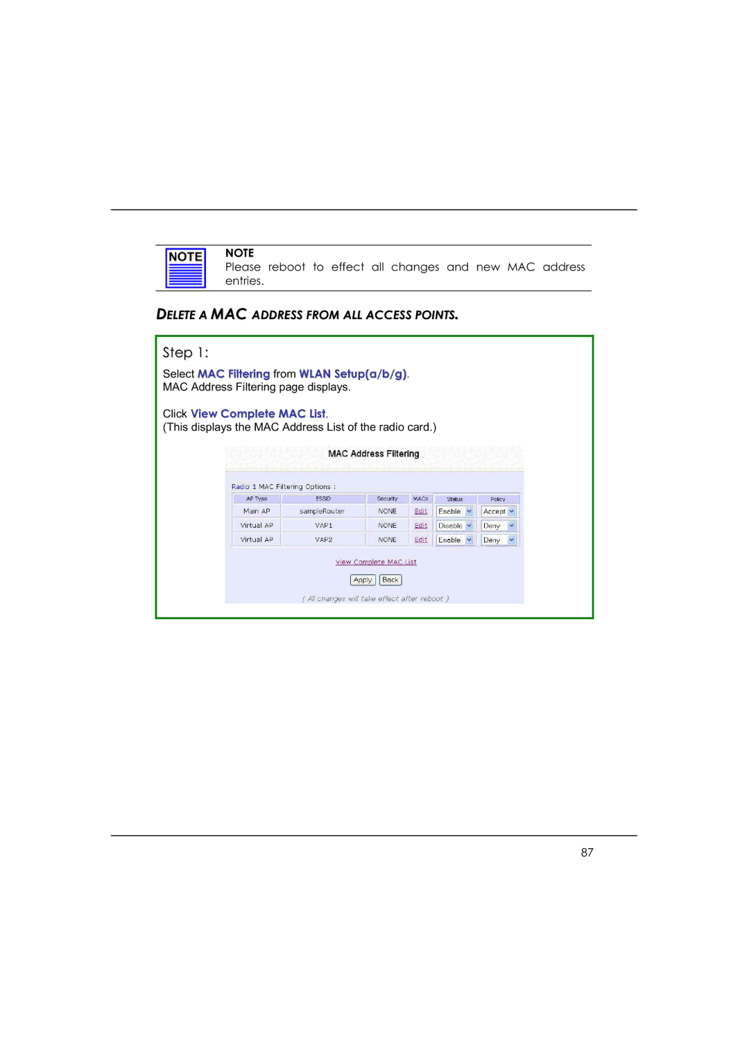 DeWalt WP54AG manual Select MAC Filtering from Wlan Setupa/b/g, Click View Complete MAC List 