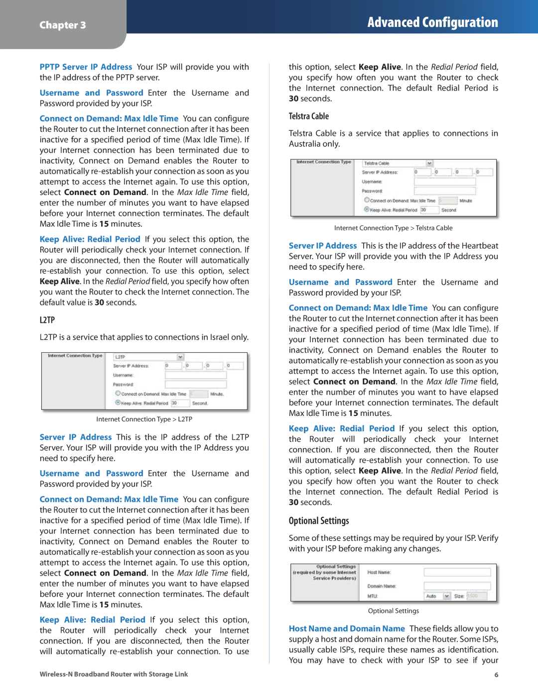 DeWalt WRT160NL manual Optional Settings, Telstra Cable 