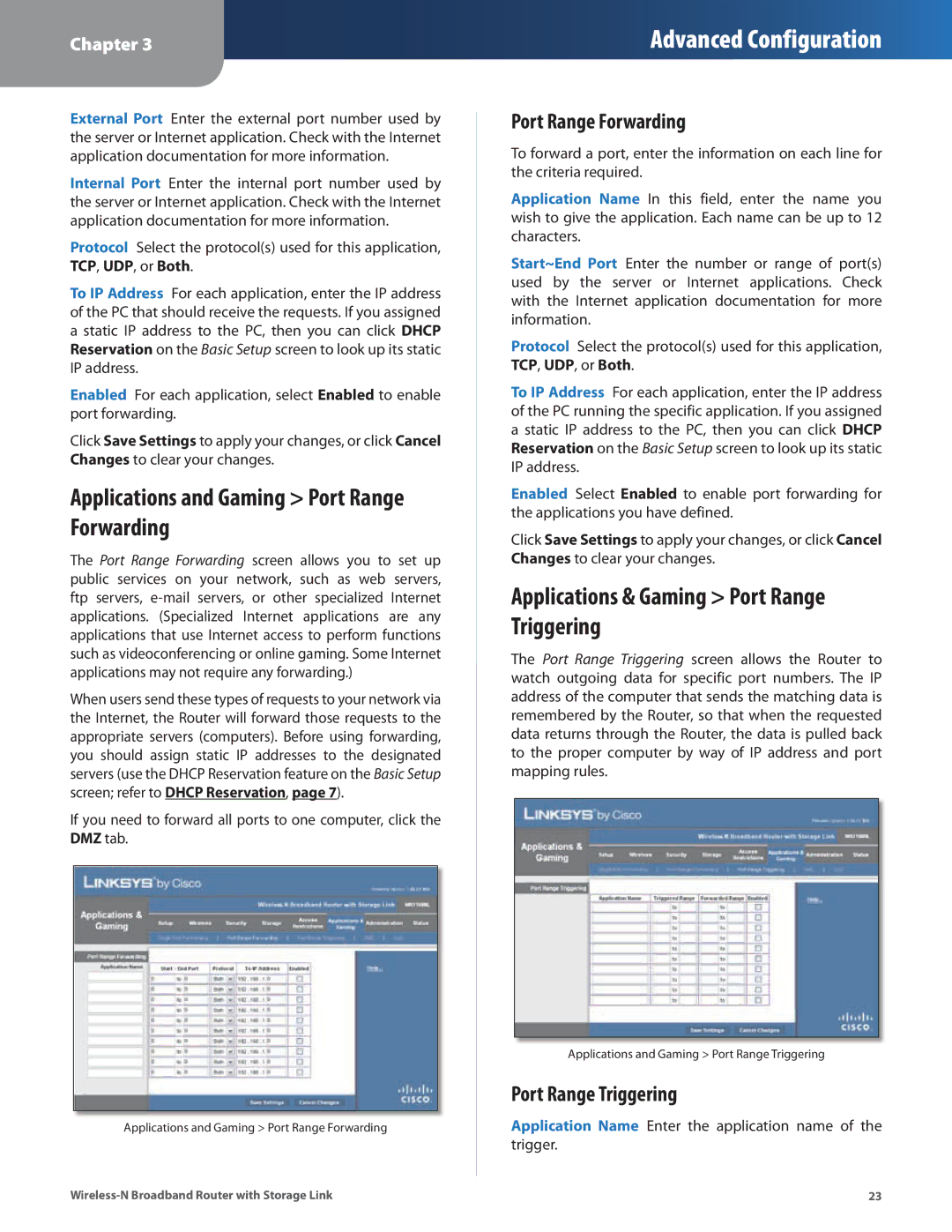 DeWalt WRT160NL manual Applications and Gaming Port Range Forwarding, Applications & Gaming Port Range Triggering 