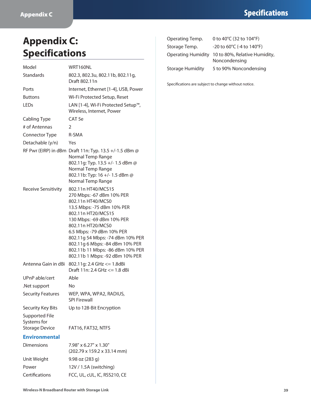 DeWalt WRT160NL manual Appendix C Specifications 