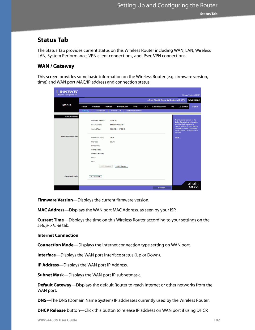 DeWalt WRVS4400N manual Status Tab, WAN / Gateway, Internet Connection 