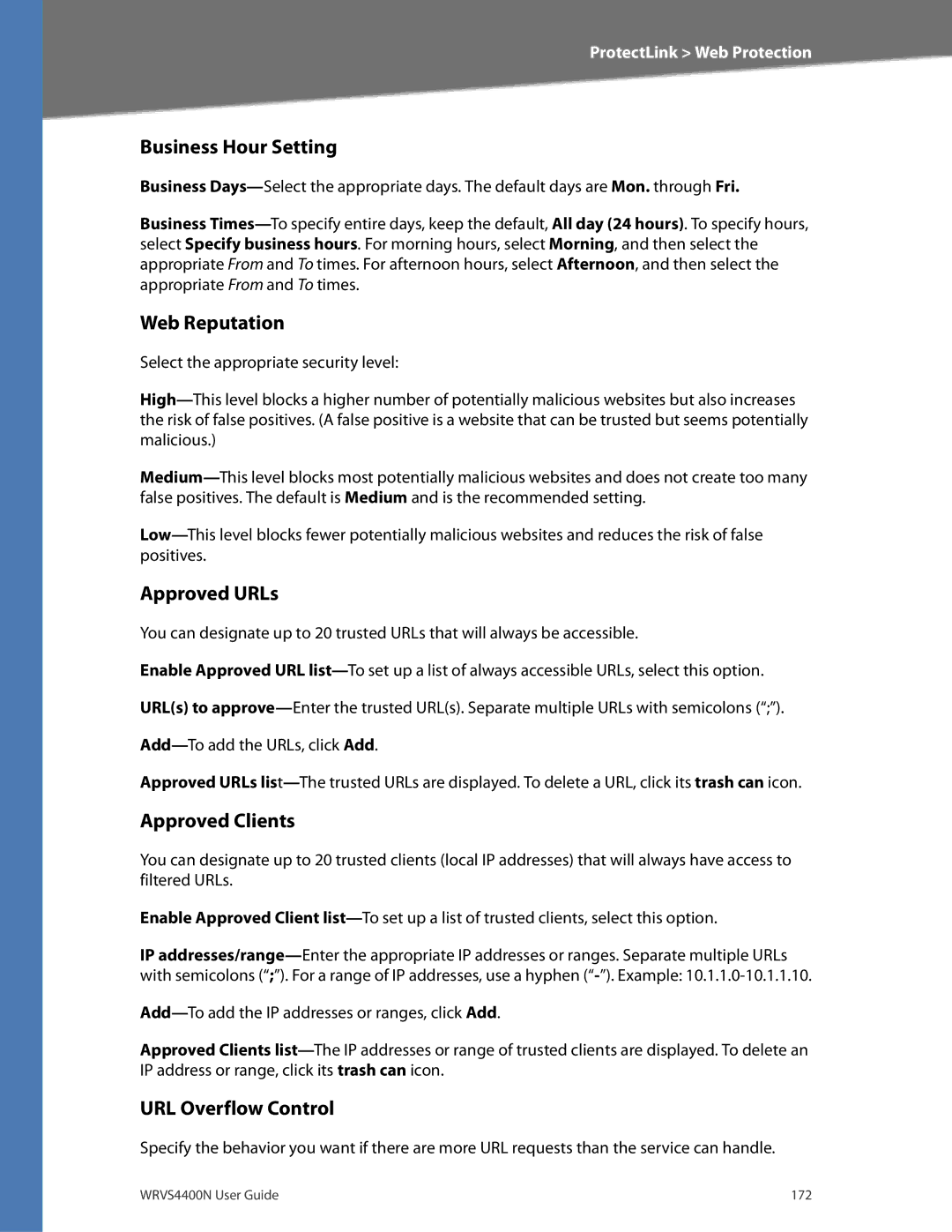 DeWalt WRVS4400N manual Business Hour Setting, Web Reputation, Approved URLs, Approved Clients, URL Overflow Control 
