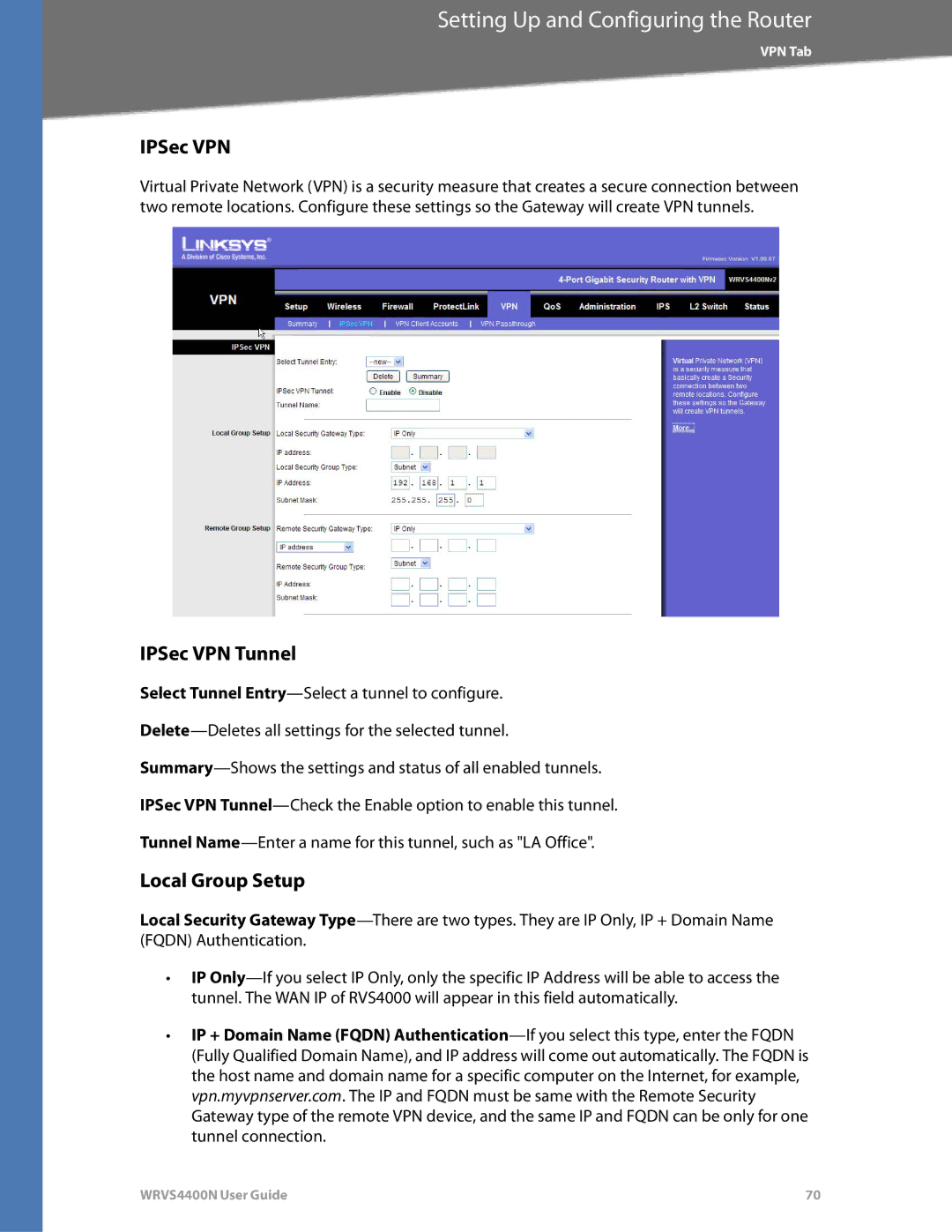 DeWalt WRVS4400N manual IPSec VPN Tunnel, Local Group Setup 