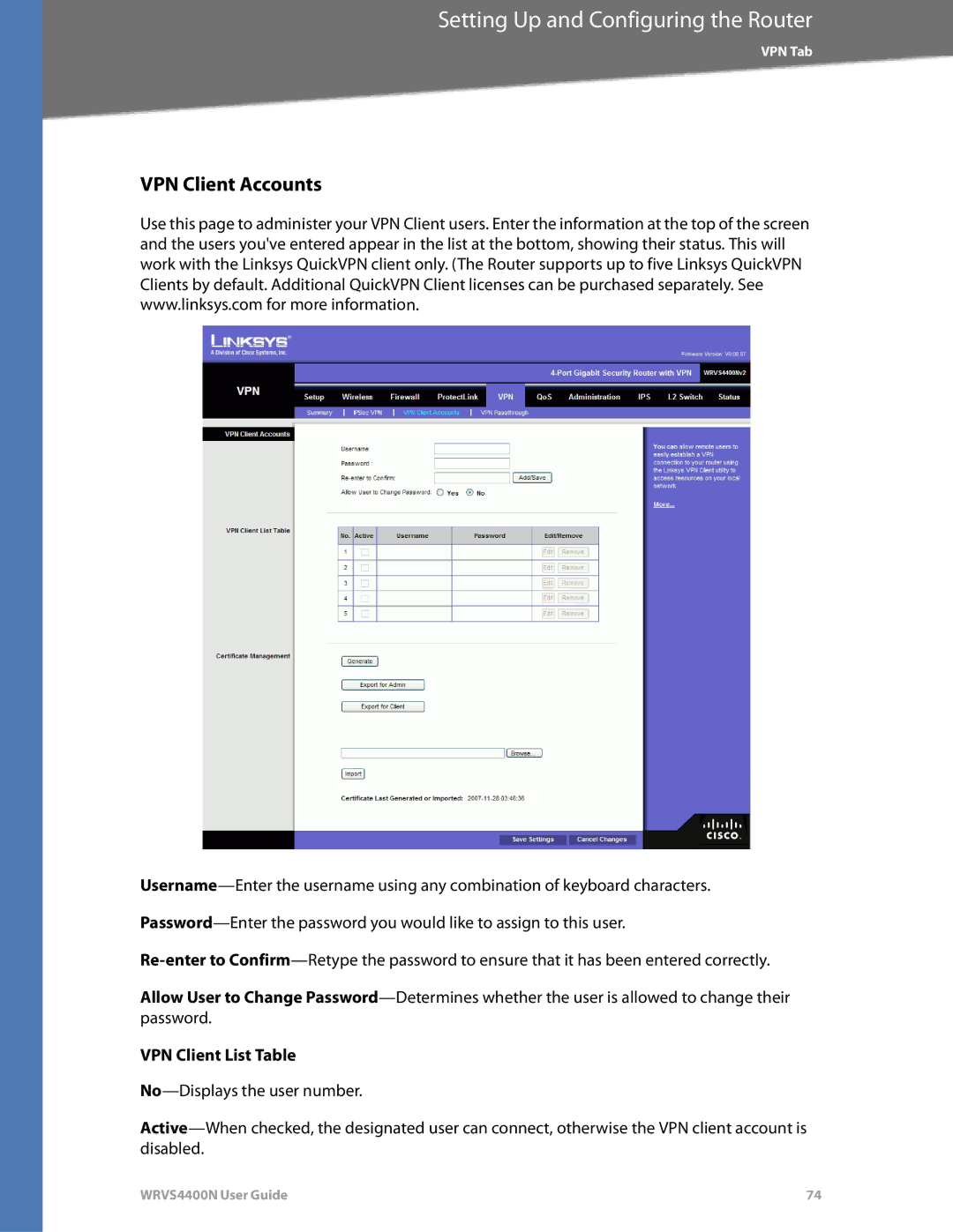 DeWalt WRVS4400N manual VPN Client Accounts, VPN Client List Table 