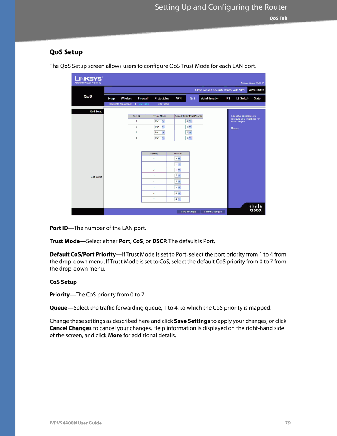 DeWalt WRVS4400N manual QoS Setup, CoS Setup 