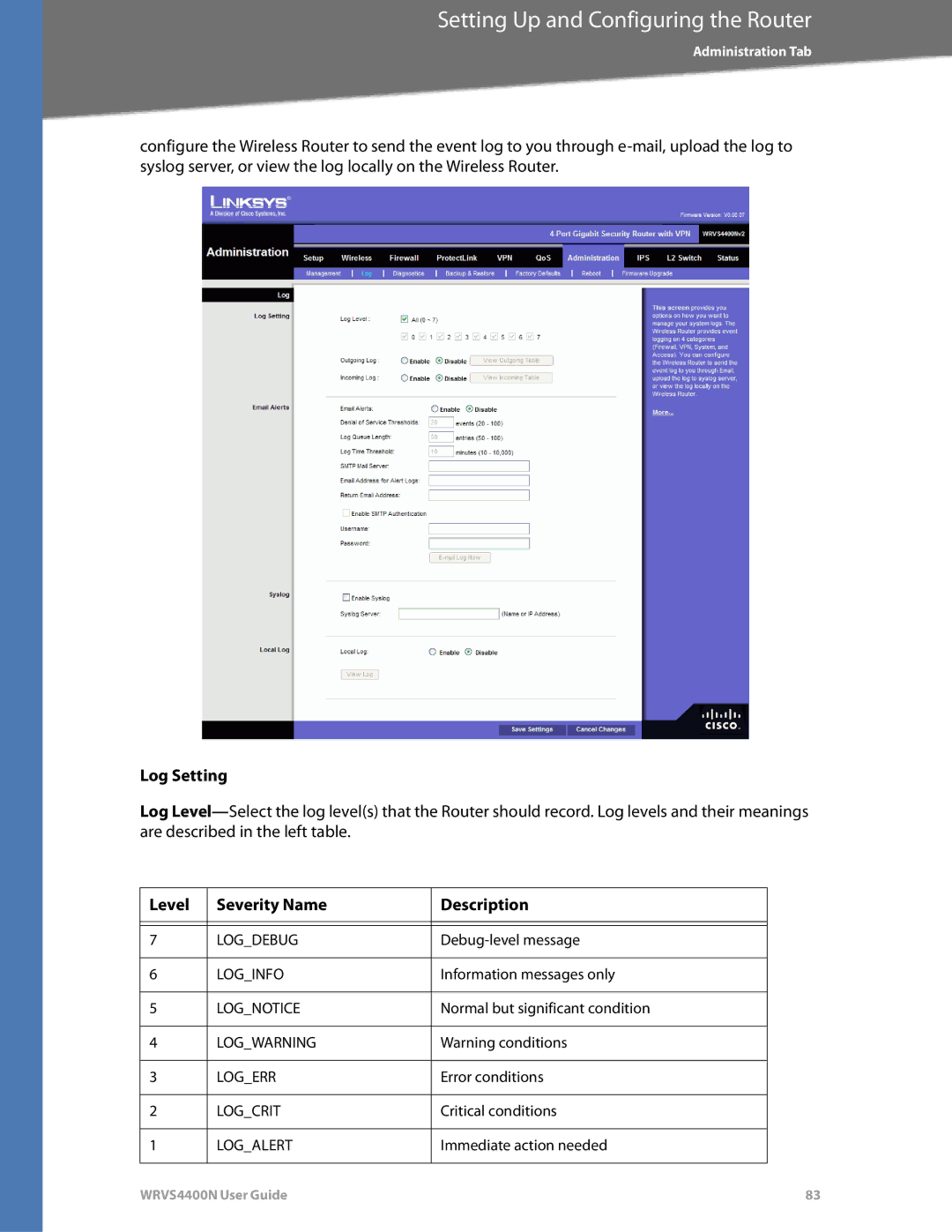 DeWalt WRVS4400N manual Log Setting, Level Severity Name Description 