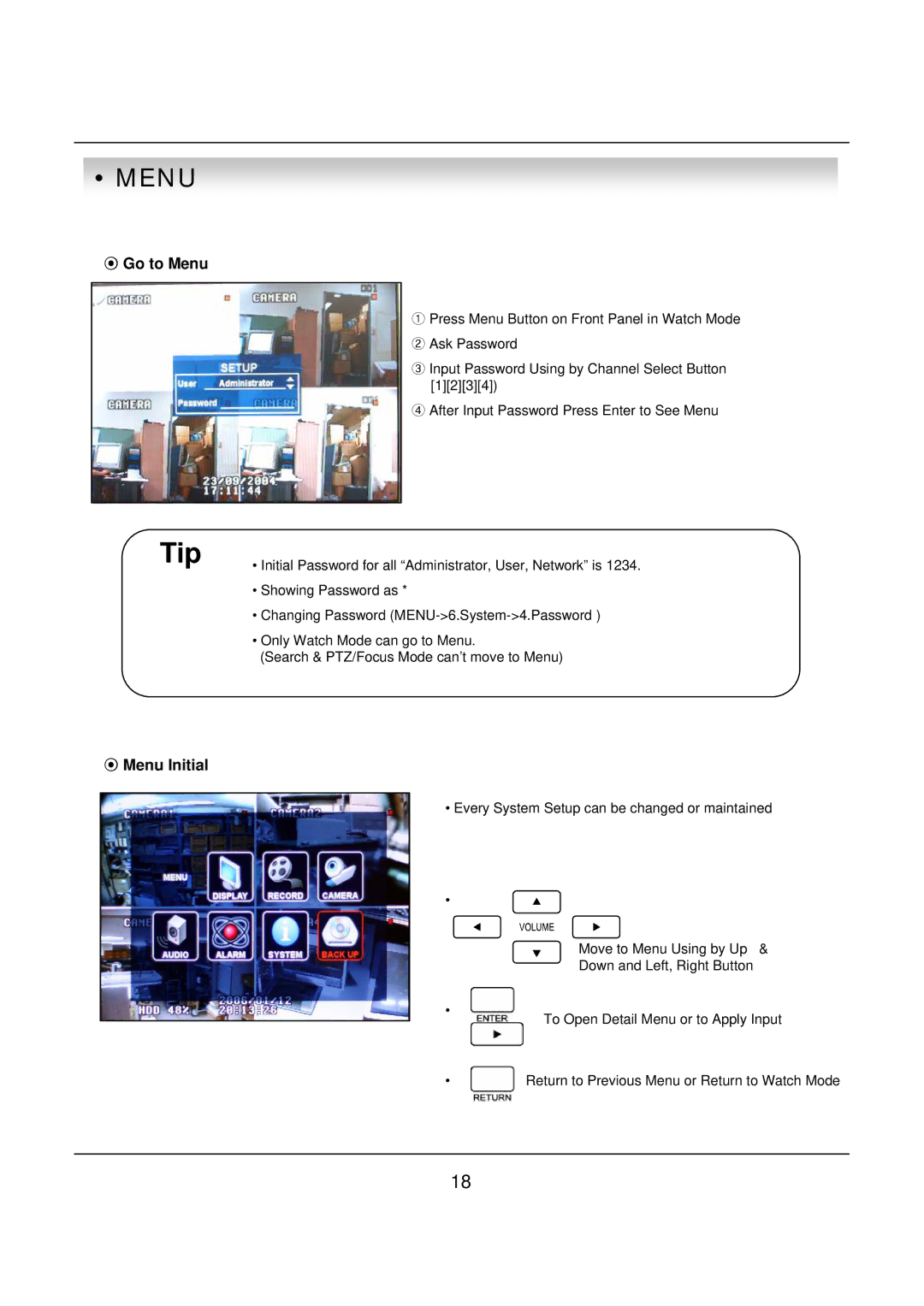 deXlan 047200 user manual ⊙ Go to Menu, ⊙ Menu Initial 