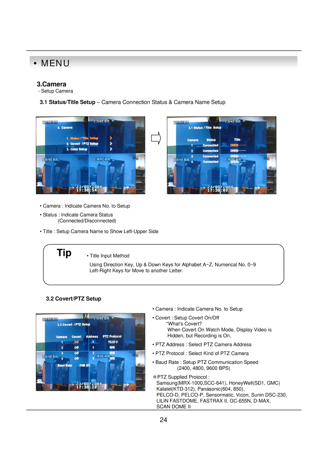 deXlan 047200 user manual Camera, Covert/PTZ Setup 