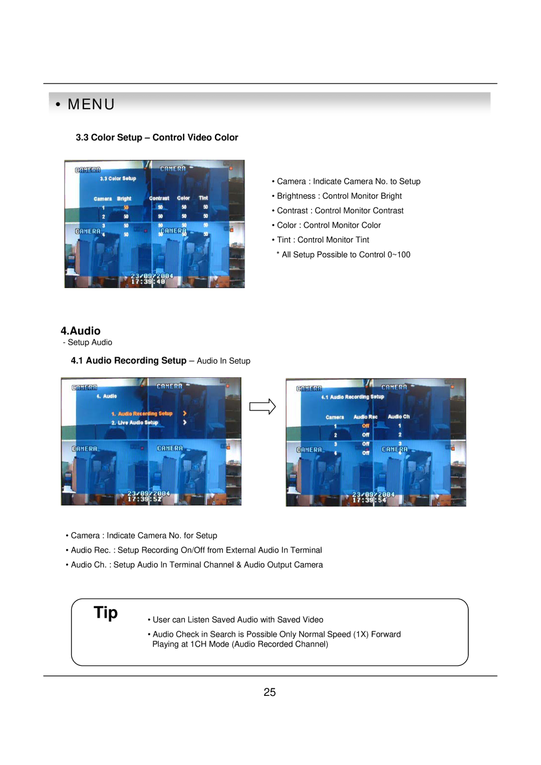 deXlan 047200 user manual Color Setup Control Video Color, Audio Recording Setup Audio In Setup 