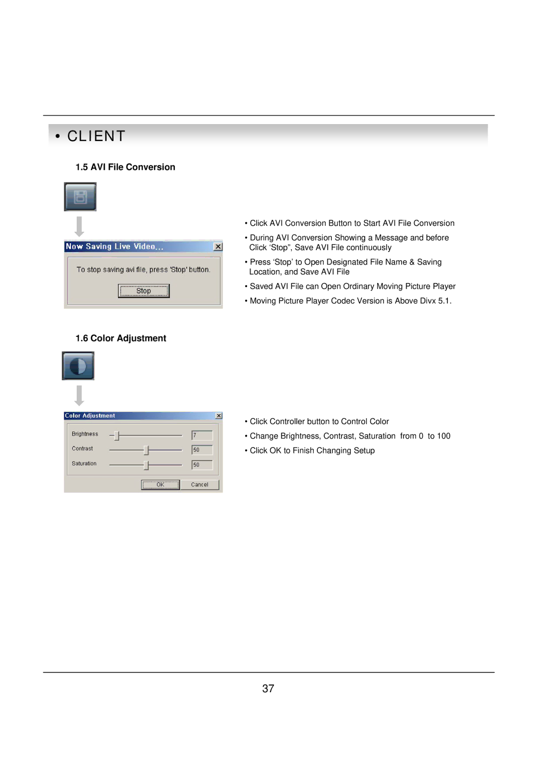 deXlan 047200 user manual AVI File Conversion, Color Adjustment 