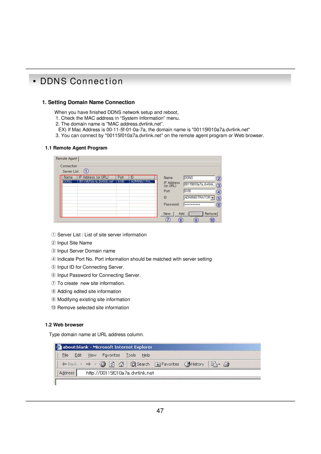 deXlan 047200 user manual Ddns Connection, Setting Domain Name Connection 