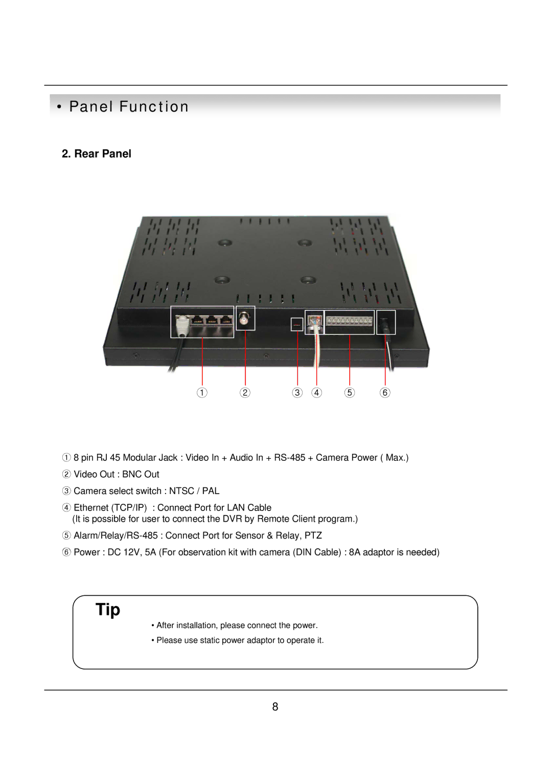 deXlan 047200 user manual Rear Panel, ① ② ③ ④ ⑤ ⑥ 