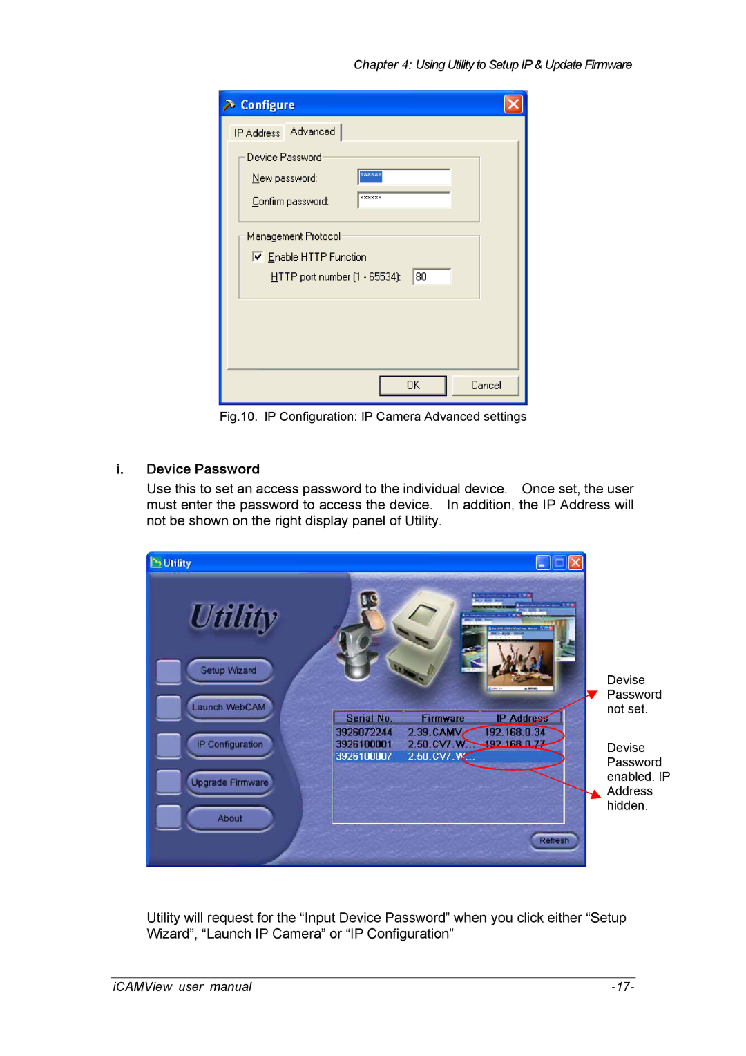 deXlan 050862 user manual Device Password, IP Configuration IP Camera Advanced settings 