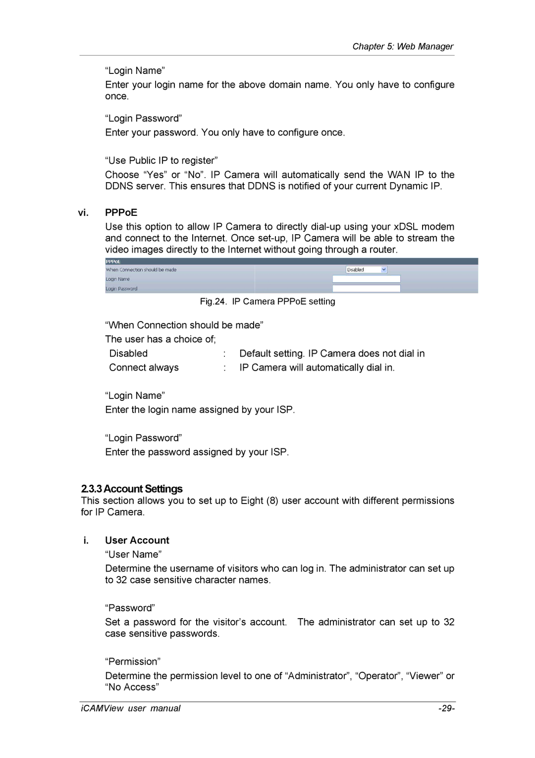 deXlan 050862 user manual Account Settings, Vi. PPPoE, User Account User Name 