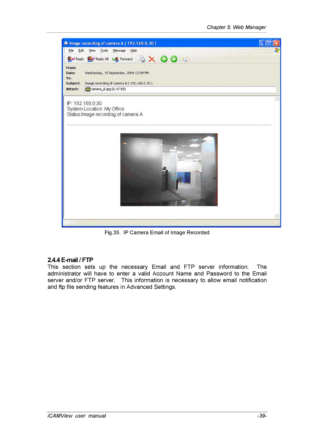 deXlan 050862 user manual Mail / FTP, IP Camera Email of Image Recorded 