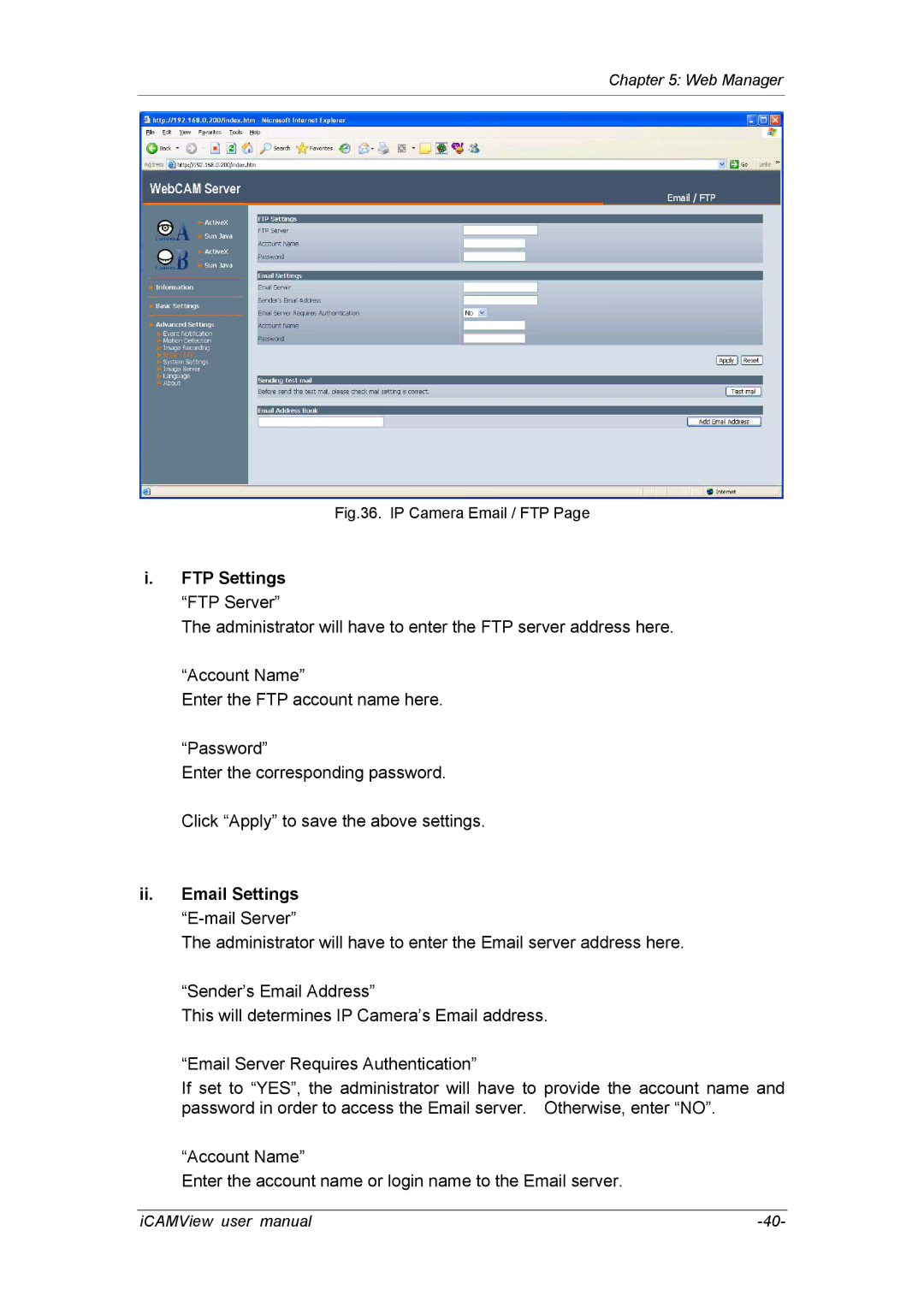 deXlan 050862 user manual FTP Settings FTP Server, Ii. Email Settings E-mail Server 