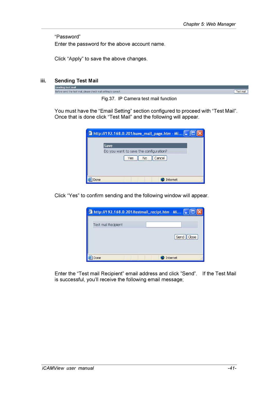 deXlan 050862 user manual Iii. Sending Test Mail, IP Camera test mail function 