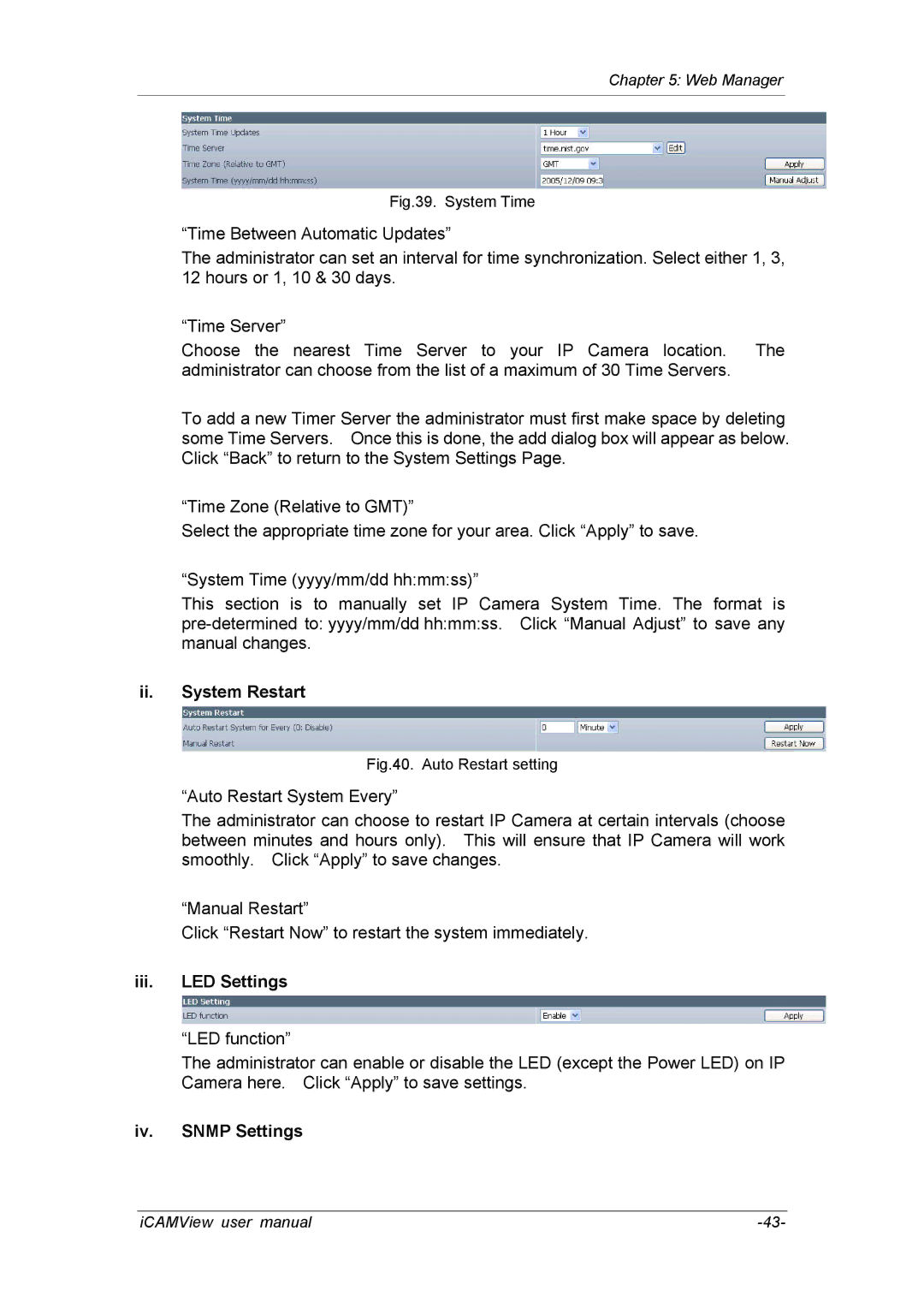 deXlan 050862 user manual Ii. System Restart, Iii. LED Settings, Iv. Snmp Settings 