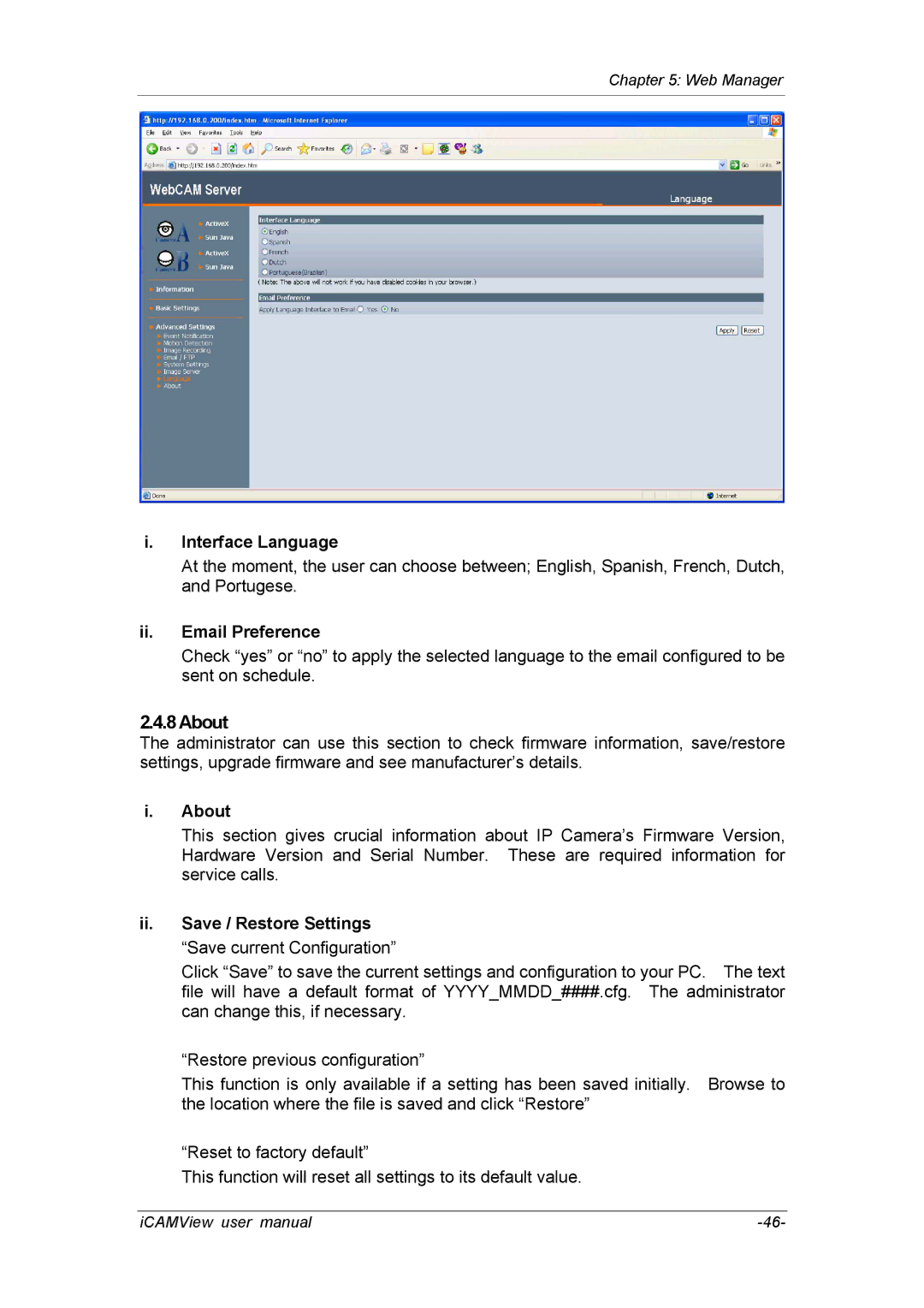 deXlan 050862 Interface Language, Ii. Email Preference, About, Ii. Save / Restore Settings Save current Configuration 