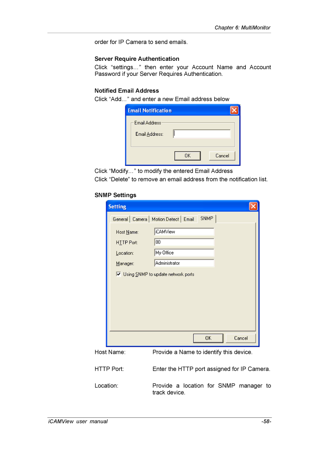 deXlan 050862 user manual Server Require Authentication, Notified Email Address, Snmp Settings 