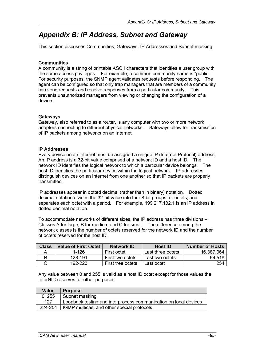 deXlan 050862 Appendix B IP Address, Subnet and Gateway, Communities, Gateways, IP Addresses, Value Purpose Subnet masking 