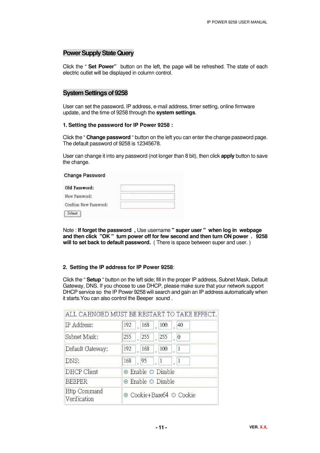 deXlan 068420 user manual Power Supply State Query, System Settings, Setting the password for IP Power 