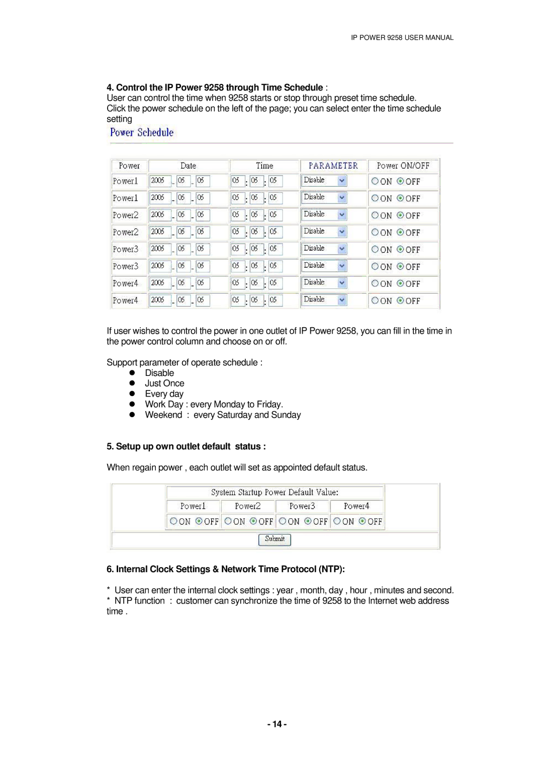 deXlan 068420 user manual Control the IP Power 9258 through Time Schedule, Setup up own outlet default status 