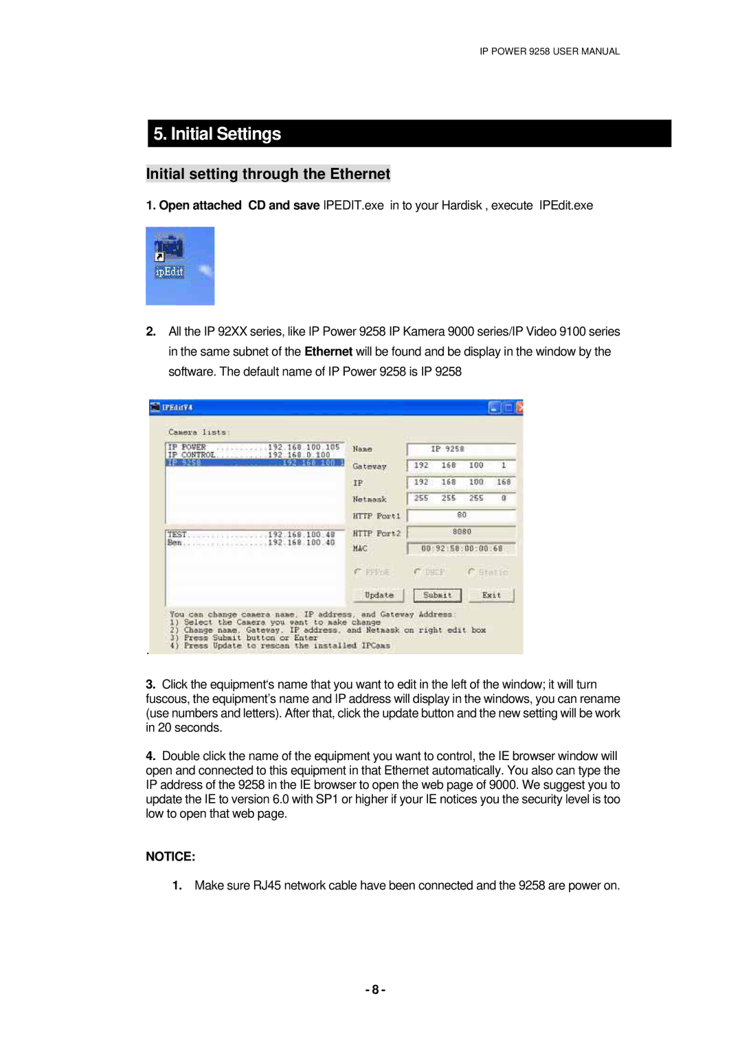 deXlan 068420 user manual Initial Settings, Initial setting through the Ethernet 