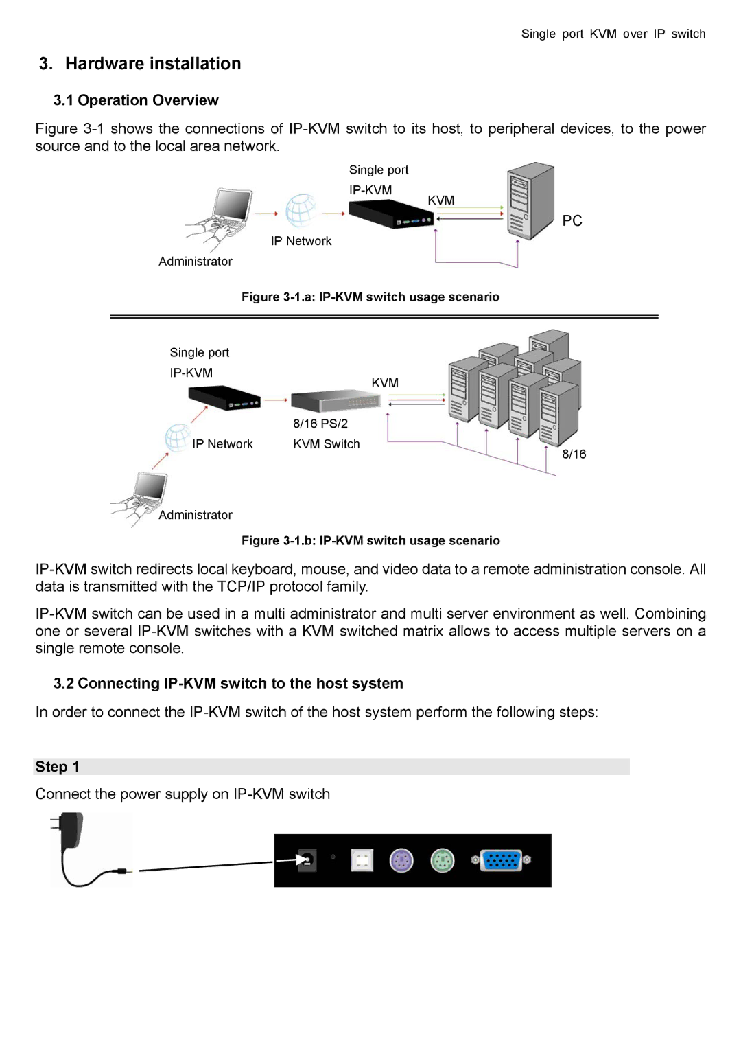 deXlan user manual Operation Overview, Connecting IP-KVM switch to the host system, Step 