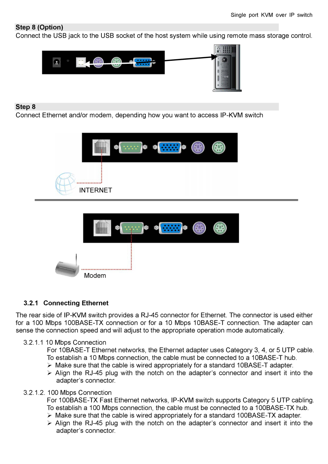 deXlan IP-KVM user manual Option, Connecting Ethernet 