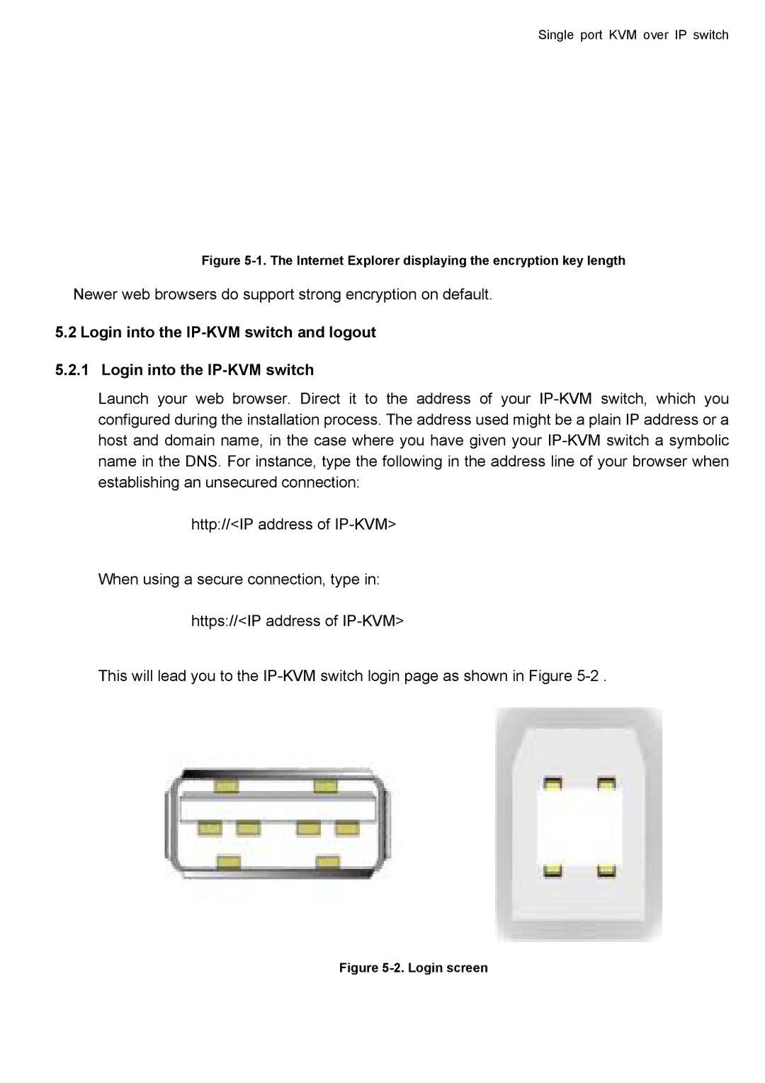 deXlan user manual Login into the IP-KVM switch and logout, Internet Explorer displaying the encryption key length 