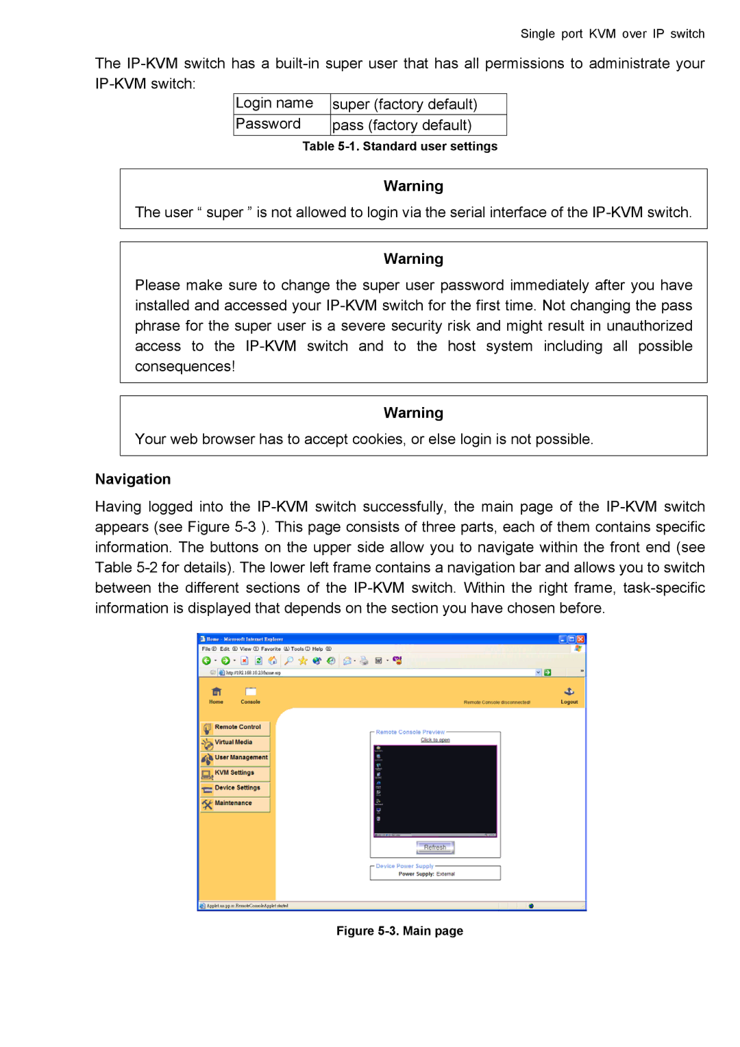 deXlan IP-KVM user manual Navigation, Main 