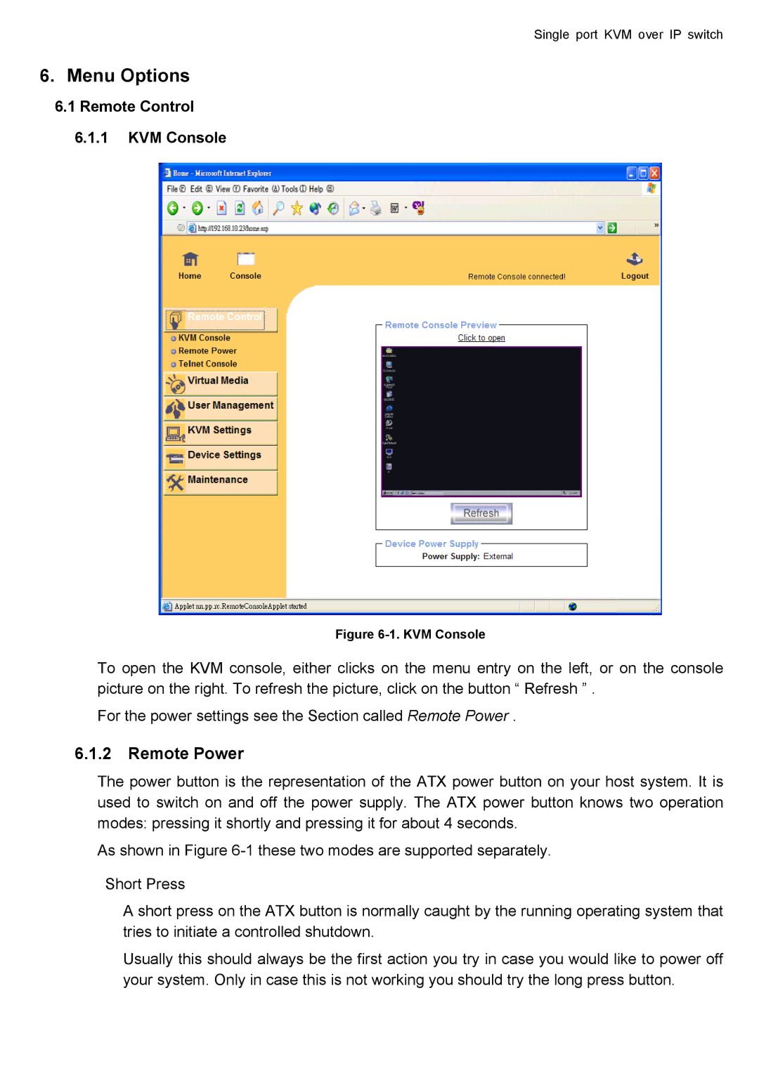 deXlan IP-KVM user manual Menu Options, Remote Control KVM Console 