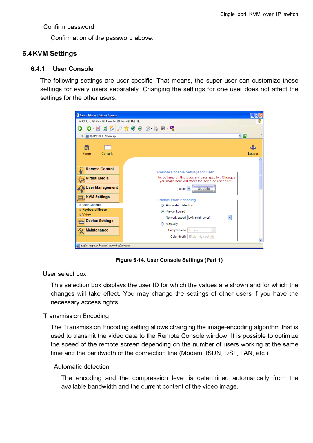 deXlan IP-KVM user manual KVM Settings, User Console 